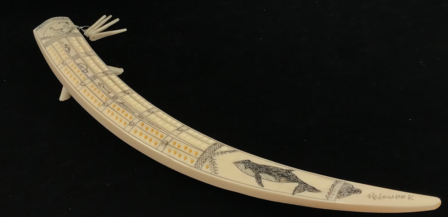 Ivory- Pelowook, Scrimshaw, Cribbage Board, 14.5"