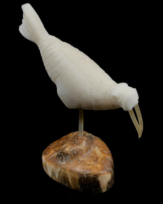 Ivory- Pungowiyi;  Swimming Walrus w Whisker Tusks & Spindle