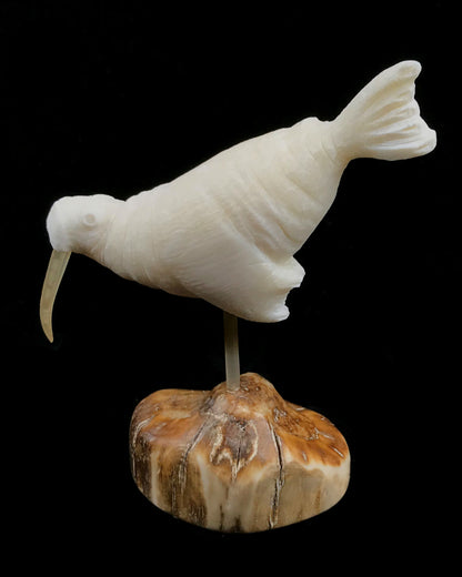 Ivory- Pungowiyi;  Swimming Walrus w Whisker Tusks & Spindle