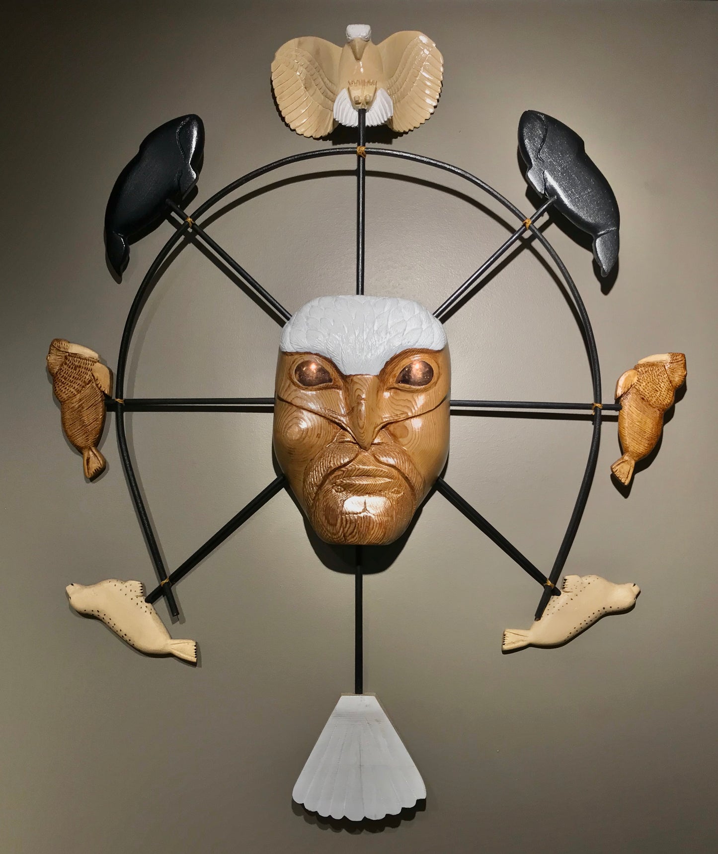 Spirit Mask- Ahvakana; Wood & Copper, Hawk & Man