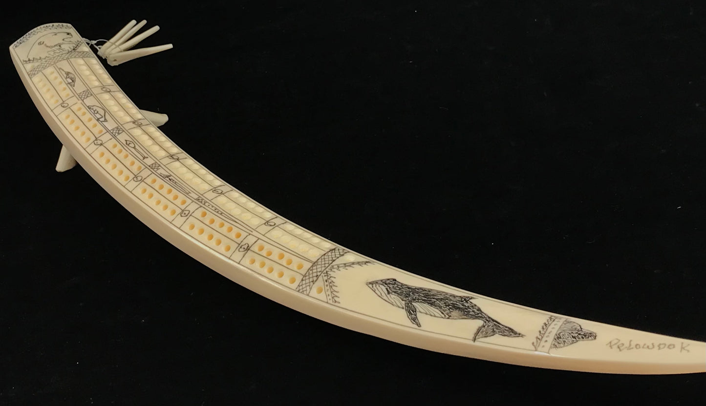 Ivory- Pelowook, Scrimshaw, Cribbage Board, 14.5"