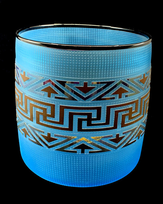 Sandcarved Cornflower Blue Glass Basket by Tlingit Artist Preston Singletary